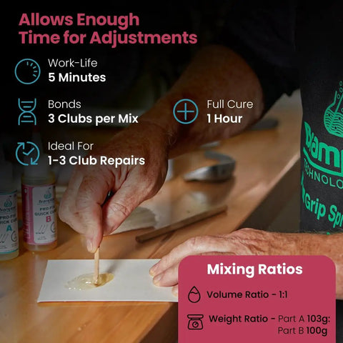 Person mixing Fast Cure Golf Epoxy for Quick Club Repairs, Bond Up To 3 Golf Clubs Per Mix, Fully Cures In 1 Hour on a wooden table.