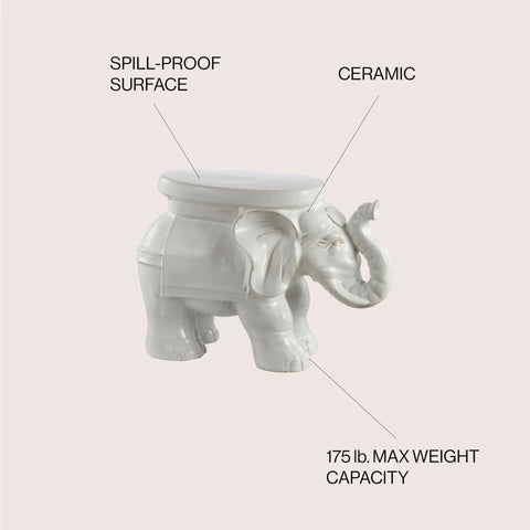 White Elephant Ceramic Garden Stool 14.25 Inch Glazed Elephant Seat For Indoor Outdoor Use Weather Resistant Patio Side Table And Plant Stand Boho Chic Antique White Finish with spill-proof surface and 175 lb max weight capacity