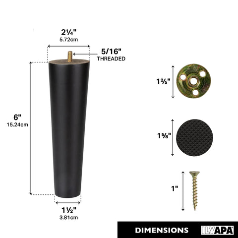 Heavy Duty Black 16 Inch Tapered Wooden Furniture Feet Replacement Legs for Chairs, Tables, Cabinets and Ottomans dimensions