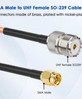 Close-up of connectors on 2 Pack SMA Male to SO239 UHF Female RG316 Coaxial Cable 2 Ft Long 50 Ohm High Performance Low Loss Antenna Cable