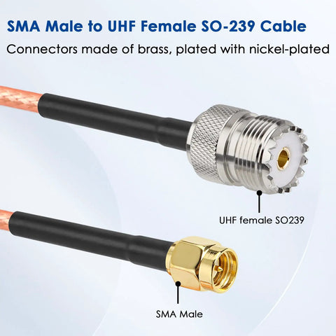 Close-up of connectors on 2 Pack SMA Male to SO239 UHF Female RG316 Coaxial Cable 2 Ft Long 50 Ohm High Performance Low Loss Antenna Cable
