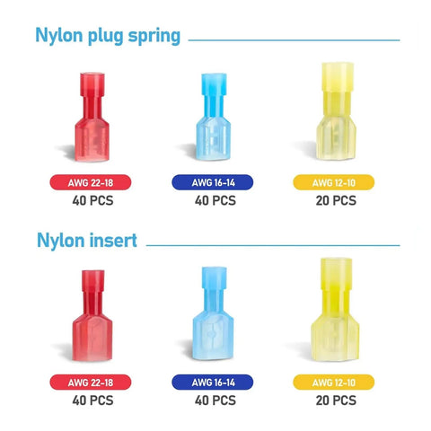 Grab this awesome 200 Piece Spade Quick Disconnect Connectors Kit With Insulated Electrical Terminals And Male Female Wire Crimp Ends Perfect For Any Busted Wiring Job Or DIY Fix It Yourself Project Today. Nylon insulated spade connectors, AWG 22-10, assorted sizes