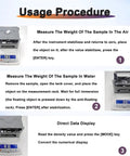 Usage procedure for Pro Grade Gold Purity Tester Machine Features Bulletproof Density Meter And Slick Digital Screen showing steps 1 to 3.