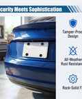 Heavy Duty Stainless Steel Anti Theft License Plate Screws Kit With Tamper Resistant Bolts Locking Caps And Zero Rattle Foam Backing Pads For Secure Ride Bumper Tag Mounting Hardware Black mounted on a blue car.