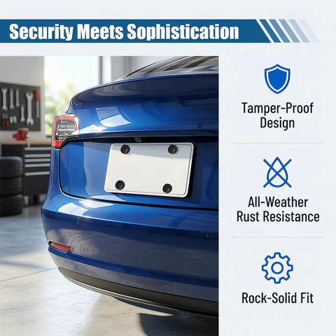 Heavy Duty Stainless Steel Anti Theft License Plate Screws Kit With Tamper Resistant Bolts Locking Caps And Zero Rattle Foam Backing Pads For Secure Ride Bumper Tag Mounting Hardware Black mounted on a blue car.