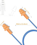 All Day Comfort Corded Earplugs With 25dB NRR, Reusable Soft TPR Ear Plugs, illustration of size and bright orange design