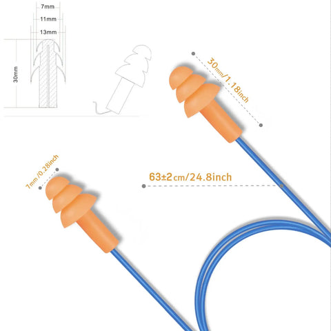 All Day Comfort Corded Earplugs With 25dB NRR, Reusable Soft TPR Ear Plugs, illustration of size and bright orange design