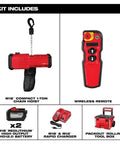 Replacement Compact Chain Hoist Kit 18V 1 Ton Capacity With Remote For 2983-22HD Heavy Duty Lifting Rig showing hoist, remote, batteries and charger.