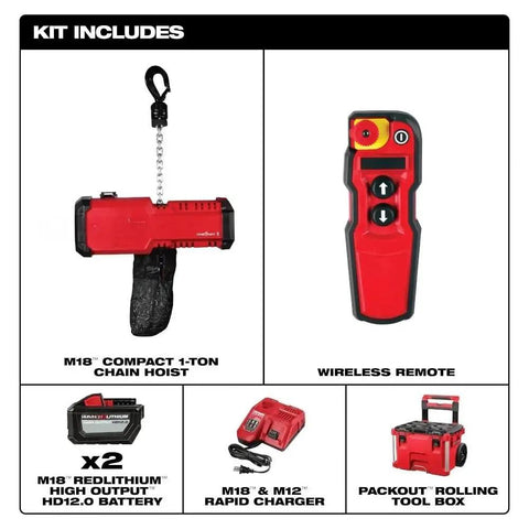 Replacement Compact Chain Hoist Kit 18V 1 Ton Capacity With Remote For 2983-22HD Heavy Duty Lifting Rig showing hoist, remote, batteries and charger.