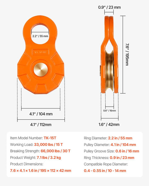 Heavy Duty Snatch Block Pulley For Off Road Recovery And Heavy Hauling, 33,000 LBS WLL, 66,000 LBS Breaking Strength, Change Direction To Gain Mechanical Advantage, Built Tough For Trucks, Tractors, ATVs And UTVs, Orange 1 Pack, orange pulley with size measurements