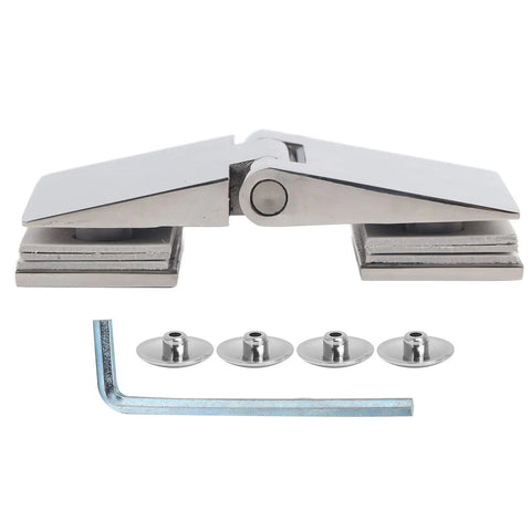 Heavy Duty Beveled Double Sided Shower Door Hinge Fits 8 To 12 Mm Tempered Glass Crafted From Corrosion Free 304 Stainless Steel with mounting screws.