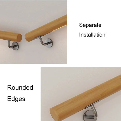 Solid Wood Handrail 13 Foot Non Slip Wall Mounted Grab Bar For Stairs And Decks Built Freaking Sturdy with rounded edges and separate installation shown.