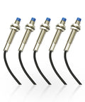 5 Pack Inductive Proximity Sensor Switch M8 No Normally Open PNP 2mm Sensing Distance For Iron Detect DC 6 To 36V 3 Wire LJ8A3 2 Z BY Ideal For DIY Automation And Robotics, showing five metal sensors with blue caps and black wires, suitable for automation.