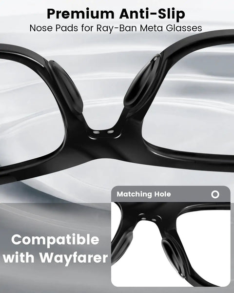Soft Silicone Eyeglass Nose Pads For Wayfarer And Meta Glasses 8 Pairs No Slip Replacement With Sticky Backing Fits RW4006 4008 Gen 2 RW4012 53mm And 50mm Black on black frame close-up