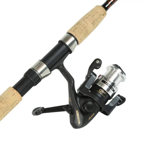 Voyager Spinning Freshwater Travel Kit With Six Foot Graphite Rod and size 20 reel, close-up on handle and reel mechanism