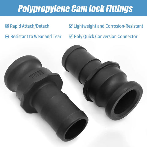 Two Piece E-150 One And A Half Inch Camlock Coupling Kit with external camlock, black polypropylene fittings for pipelines