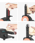 250W Multifunctional Electric Belt Sander And Polishing Machine With Knife Sharpener in action, showcasing adjustable angle for precision.