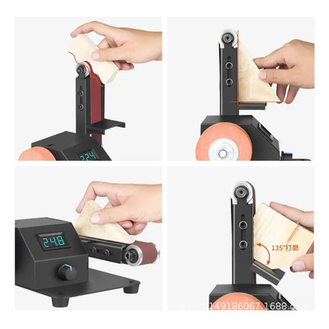 250W Multifunctional Electric Belt Sander And Polishing Machine With Knife Sharpener in action, showcasing adjustable angle for precision.