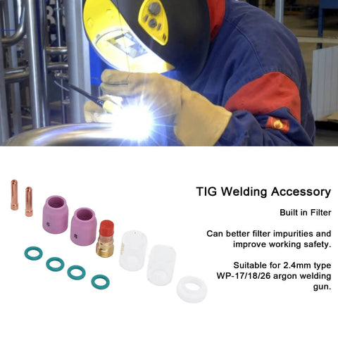 Heavy Duty 12 Pc Tig Welding Accessory Kit With Gas Lens Ceramic Nozzle Collet Set High Thermal Stability For Wp 17 18 26 Argon Gun Copper Glass Parts - 12 piece set with various welding components and filtering nozzles.