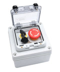 IP67 Waterproof Outdoor Emergency Stop Switch Box with protective cover, key button, for quick safe shutdown, open view
