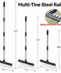 Adjustable Thatch Rake With 63 Inch Telescoping Handle And 16 Inch Steel Tine Head For Lawn Care, three sizes shown
