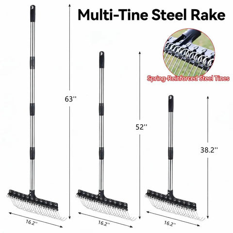Adjustable Thatch Rake With 63 Inch Telescoping Handle And 16 Inch Steel Tine Head For Lawn Care, three sizes shown