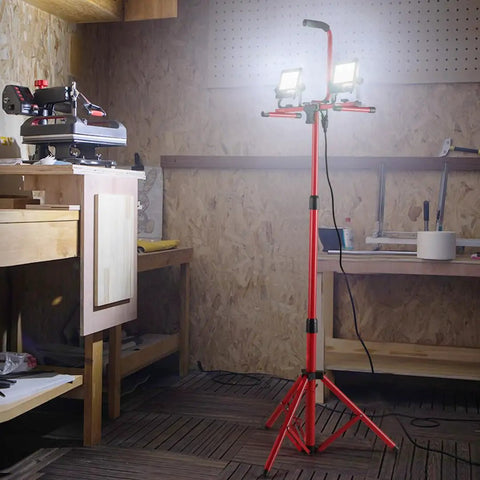 Daylight Bright Dual Head LED Work Light With Adjustable Foldable Tripod Stand 5000 Lumen 5000K in workshop setting