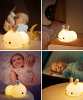 Collage showing Bunny Squishy Night Light For Kids With Remote, 16 Colors And 5 Brightness Levels in nursery and bedroom settings.