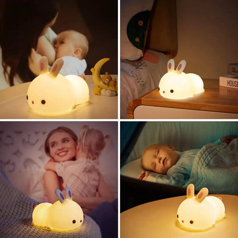 Collage showing Bunny Squishy Night Light For Kids With Remote, 16 Colors And 5 Brightness Levels in nursery and bedroom settings.