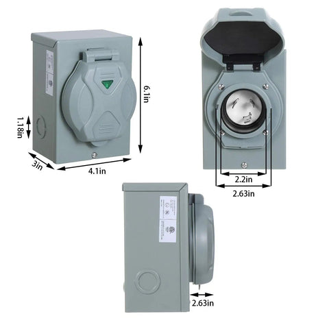 30 Amp Generator Power Inlet Box NEMA L5-30P For Outdoor Receptacle Weatherproof With Indicator Light ETL Listed Up To 3750W Running Watts At 125 Volt, dimensions shown