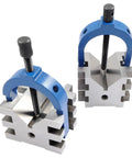 Multi Use V Blocks And Clamps Set For Machining And Inspection Gray Two Point Five Inch By Two Point Seven Five Inch By Two Inch Includes High Precision Ninety Degree V Grooves For Holding Round Or Square Workpieces Securely., blue and silver V-block clamp set with 90 degree grooves for machining and inspection