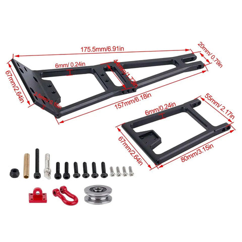 Rugged One Tenth Scale RC Crawler Tow Truck Build Kit Upgrades With Dual Bracket Crane Arm Wrecker Kit And Servo For SCX10 TRX4 Capra LCG Chassis And Trailer DIY Tow Rescue Gear components including brackets and screws.