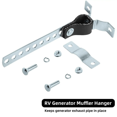 Heavy Duty Exhaust Hanger and Muffler Bracket for RV Generator Tailpipe Fits 1-1/4 Inch to 1-3/4 Inch Exhaust Pipe Tough As Nails Silver Coated Steel Easy Install showing silver coated steel components including a perforated bracket and fasteners.
