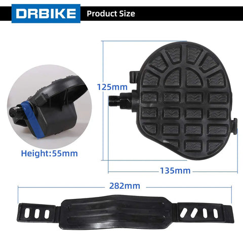 Solid One Half Inch Spindle Stationary Bike Pedals With Adjustable Strap And Toe Clip For Recumbent And Exercise Bikes, 1 Pair size diagram