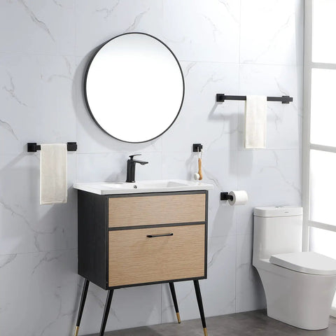 Matte Black Bathroom Hardware Set With 24 Inch And 12.2 Inch Towel Bars Four Piece Kit Stainless Steel Rustproof SUS304 in a modern bathroom.