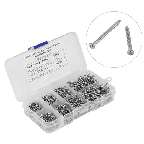 800Pcs M2 Self Drilling Screw Set with handy eight sizes cross drive pan head wood screws made of 304 stainless steel in box