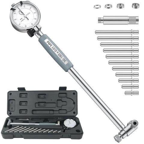 Dial Indicator Bore Gauge Set 2 To 6 Inches With 0.001 Inch Precision, case, anvils, and internal diameter extender for machinists