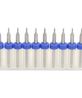 Ten Pack 0.1mm Tungsten Carbide Nozzle Cleaning Needles For 3D Printer Nozzle Clogs CNC PCB And SMT Circuit Board Repair Tool Kit Built For Pro Grade Precision Cleaning And Easy Maintenance displayed in a row with blue caps.