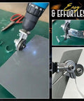 Metal Nibbler Drill Attachment for Fast Metal Cutting with Electric Shears shown cutting sheet metal effortlessly.