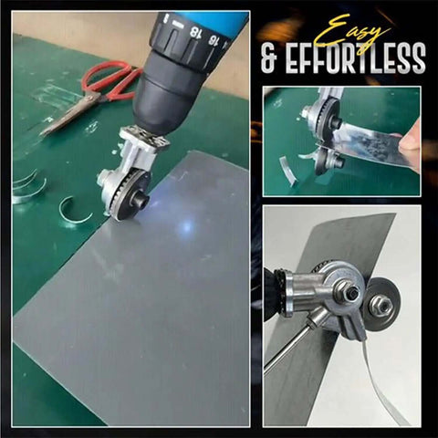 Metal Nibbler Drill Attachment for Fast Metal Cutting with Electric Shears shown cutting sheet metal effortlessly.
