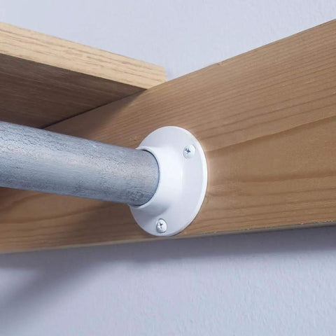 Heavy Duty White Closet Rod Brackets Support Sockets Fit Standard Closet Poles Slide Right On No Hassle Durable Plastic 5 Pack, mounted on wood.