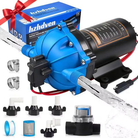 12V RV Fresh Water Pump With 7 GPM At 70 PSI, Five Chamber Self Priming Diaphragm, 12V DC Operation, shown with accessories
