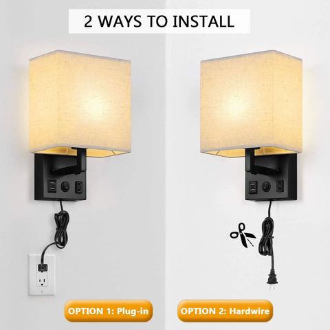 Dope Modern Plug In Wall Sconces Set Of 2 With USB Charging Ports And Built In AC Outlet Silver Finish With Linen Shade, installation options