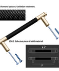Gold and black knurled 5 inch center bar cabinet pull with screws, diamond pattern, oxidation treatment diagram.
