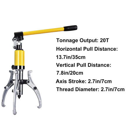 Heavy Duty Hydraulic Gear Puller Bearing Separator Made From Forged Carbon Steel with 20T tonnage output and pull distances shown.