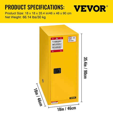 Flammable Storage Cabinet 18 By 18 By 35 Inches Galvanized Steel Safety Cabinet With Adjustable Shelves Yellow Built Tough For Commercial Industrial Workshop And Home Use shown from front view.