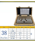38 Piece Ceramic Rectangular Gauge Block Set Offering Dead On Grade Zero Precision For Micrometer And Caliper Inspection With No Sweat Ultra Tight Calibration For Router And Table Saw Setup in wooden case.