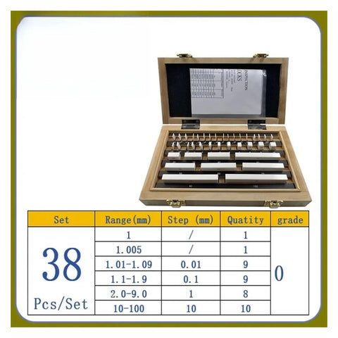 38 Piece Ceramic Rectangular Gauge Block Set Offering Dead On Grade Zero Precision For Micrometer And Caliper Inspection With No Sweat Ultra Tight Calibration For Router And Table Saw Setup in wooden case.