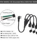 Outdoor 3 Outlet Power Splitter With 90 Degree Flat Plug 1 To 3 Way Outlet Adapter 1.5 Ft SJTW 16AWG 3 Prong Power Cord Extension With Outlet Cover For Holiday Lights And Decorations, showing wire construction and plug design.