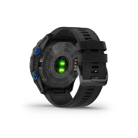 Back view of Descent Mk2i Watch Style Dive Computer with Air Integration, black band, titanium case, showing sensor and clasp.